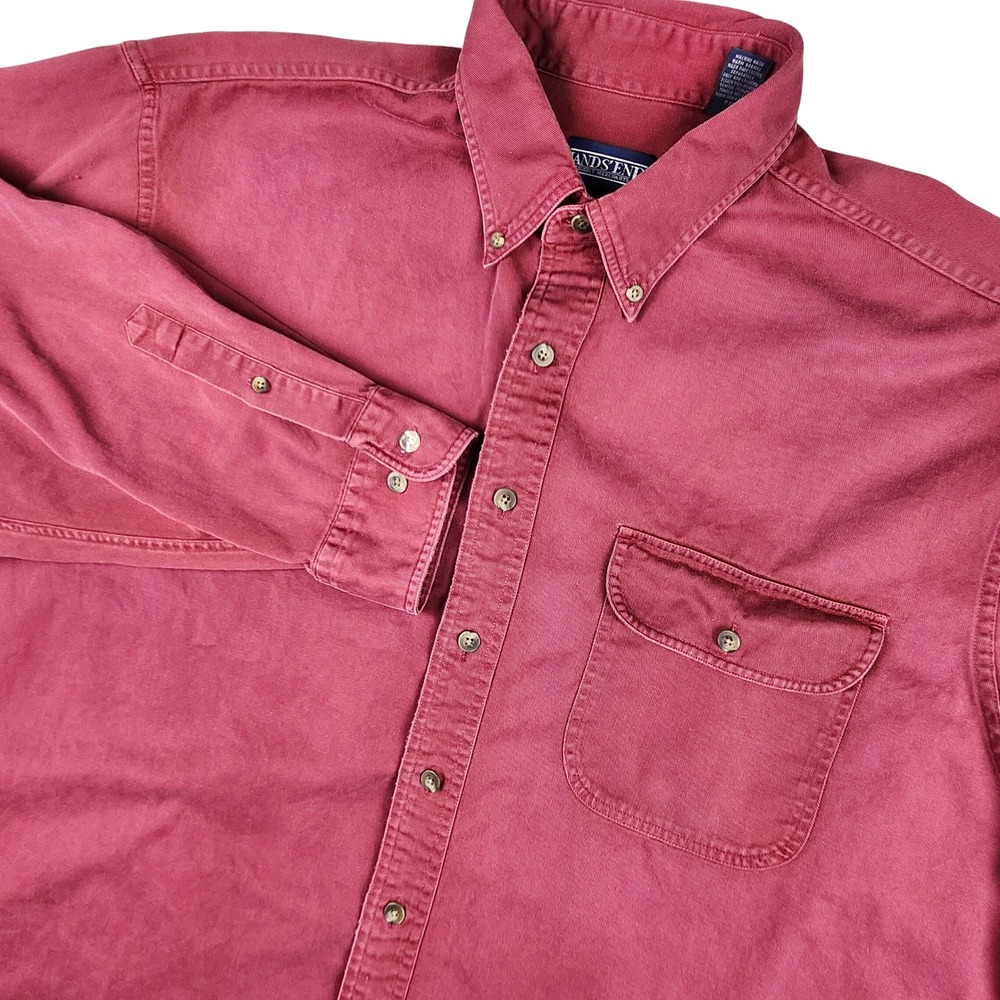 Lands‎ End Mens XL Burgundy Red Cotton Twill Button Down Shirt Long Sleeve 90s
